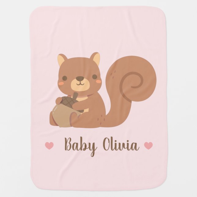 Cute Squirrel Holding Acorn Baby Girl Name Pink Blanket (Front)