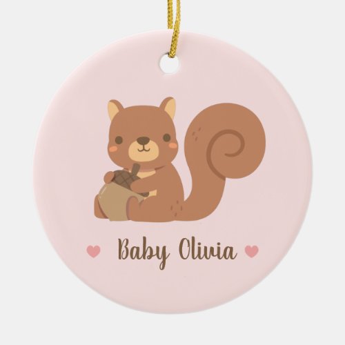 Cute Squirrel Holding Acorn Baby Girl Personalized Ceramic Ornament