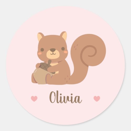 Cute Squirrel Holding Acorn Girls Name Pink Classic Round Sticker