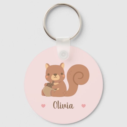 Cute Squirrel Holding Acorn Girls Name Pink Keychain