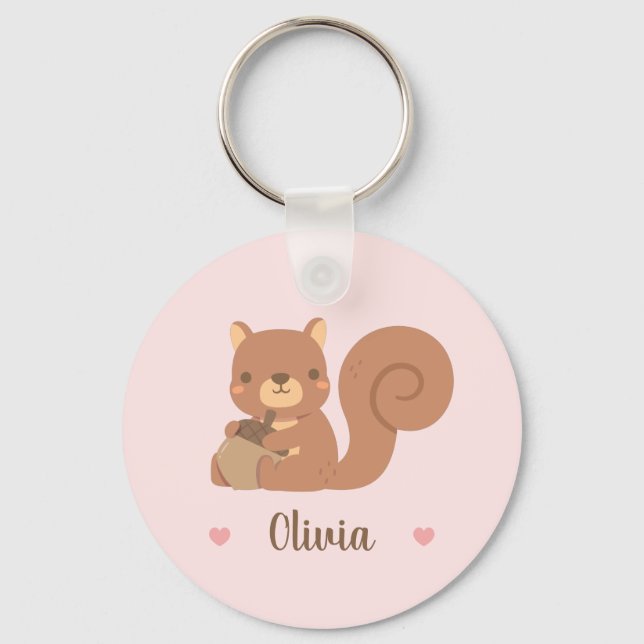 Cute Squirrel Holding Acorn Girls Name Pink Keychain (Front)