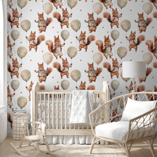 Cute Squirrel Holding Balloons Peel And Stick Wallpaper (Kids)
