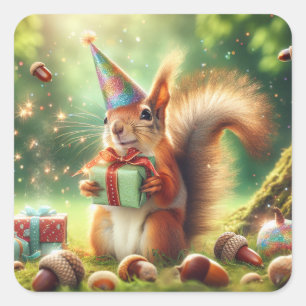 Cute Squirrel in Birthday Hat   Square Sticker