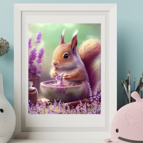 Cute Squirrel in Lavender Fields Art Nursery Poster