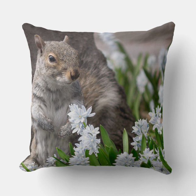 Cute Squirrel in Spring Flowers Nature Photography Throw Pillow (Front)