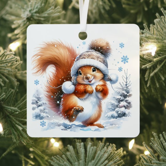 Cute Squirrel in the Snow Christmas Personalized Metal Ornament (Insitu)