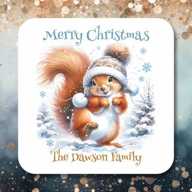 Cute Squirrel in the Snow Personalized Christmas Square Sticker (Creator Uploaded)