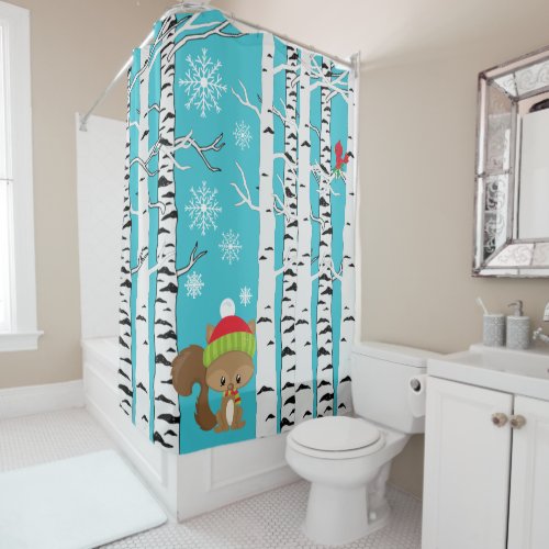 Cute squirrel in woodland snow cardinal bird blue shower curtain