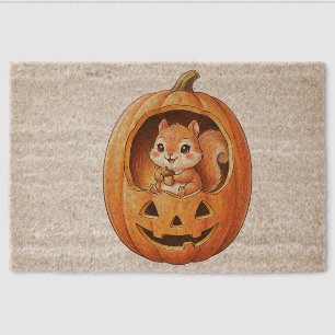 Cute Squirrel inside Halloween Pumpkin Jack o Lant Fiber Doormat