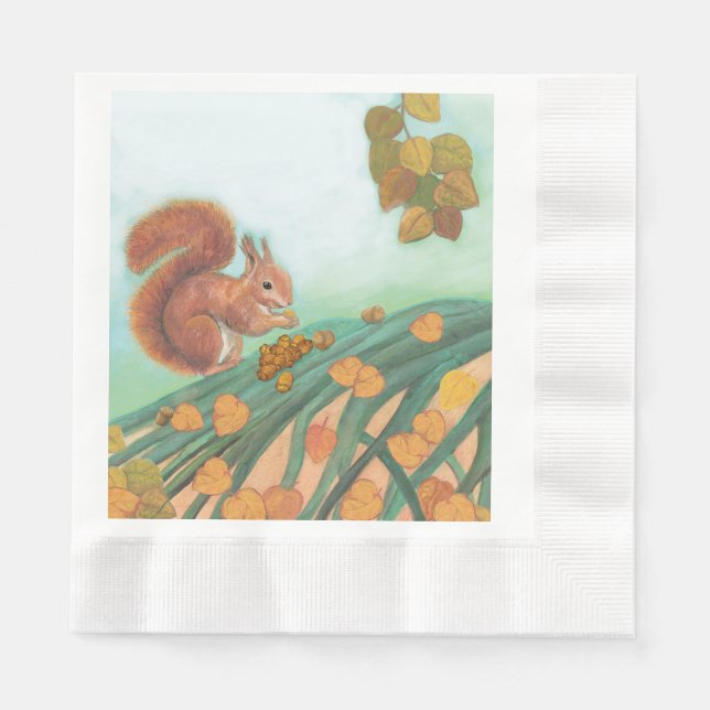 Cute Squirrel is Eating Hazelnut Illustration Napkins (Front)