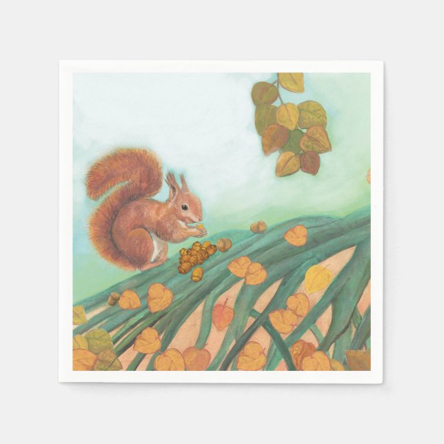 Cute Squirrel is Eating Hazelnut Illustration Napkins (Front)