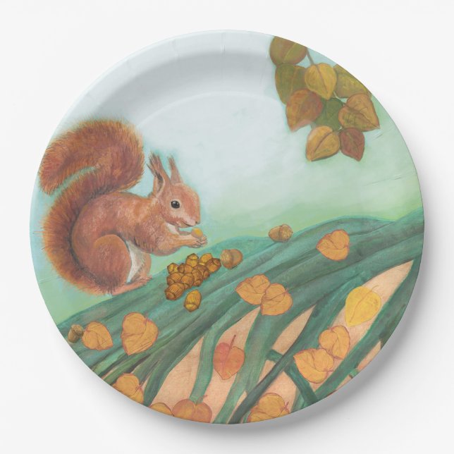 Cute Squirrel is Eating Hazelnut Illustration  Paper Plates (Front)