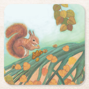 Cute Squirrel is Eating Hazelnut Illustration Square Paper Coaster