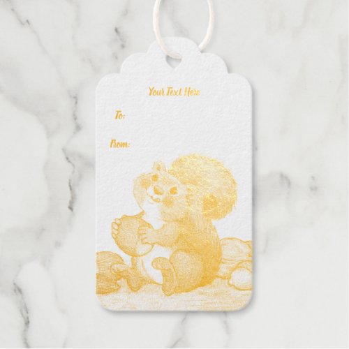 Cute Squirrel Licking Lips Sitting in Pile of Nuts Foil Gift Tags
