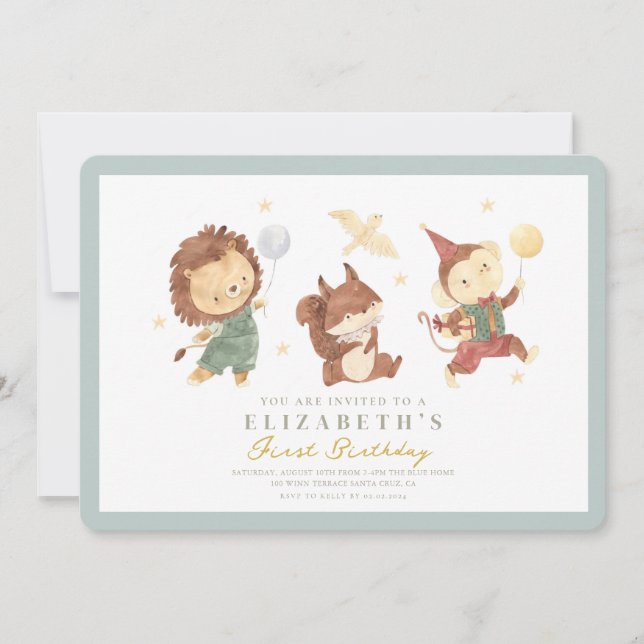 Cute Squirrel ,lion and monkey First Birthday Invitation (Front)