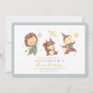 Cute Squirrel ,lion and monkey First Birthday Invitation