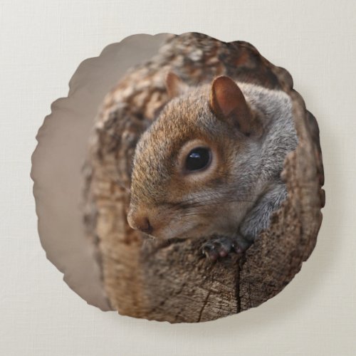 Cute squirrel looks out of her hole round pillow