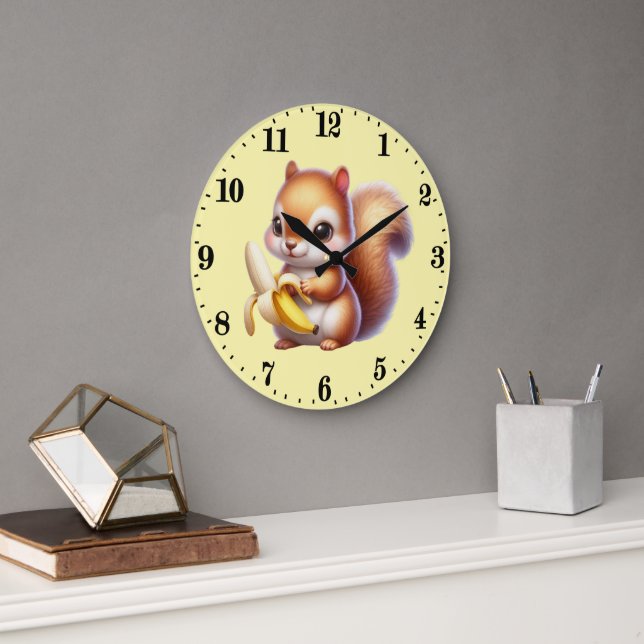 Cute squirrel lovers banana  large clock (Office)