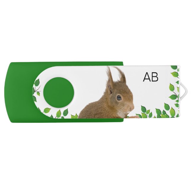 Cute Squirrel & Monogram Flash Drive (Front)