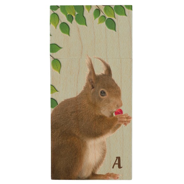 Cute Squirrel & Monogram Wood Flash Drive (Front Vertical)