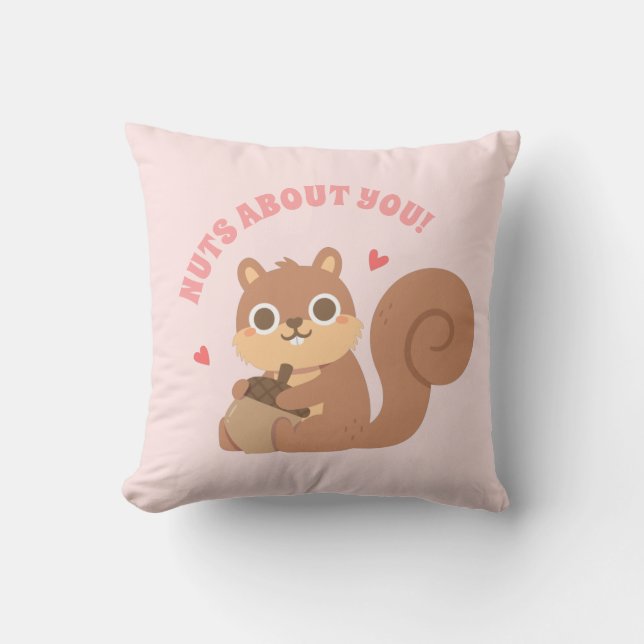 Cute Squirrel Nuts About You Funny Love Pun Throw Pillow (Front)