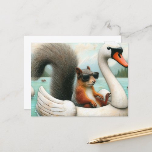 Cute Squirrel on a Swan Floatie Postcard