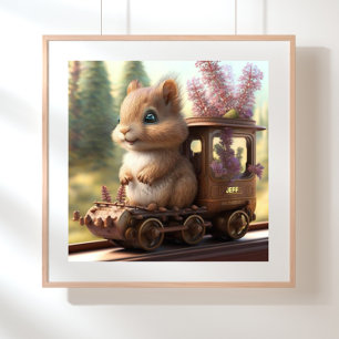 Cute Squirrel on a Train Personalized Art Nursery Poster