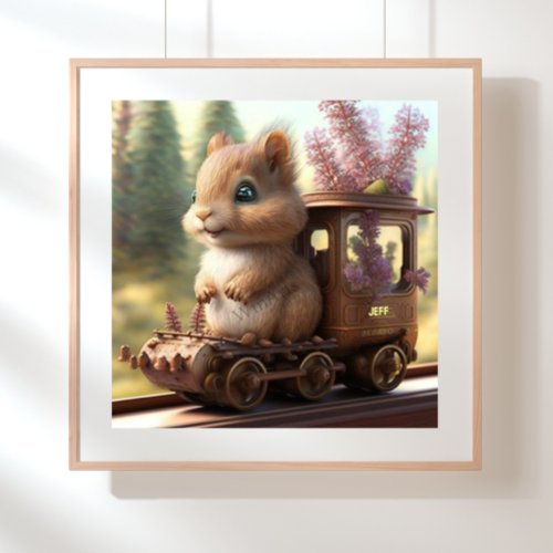 Cute Squirrel on a Train Personalized Art Nursery Poster
