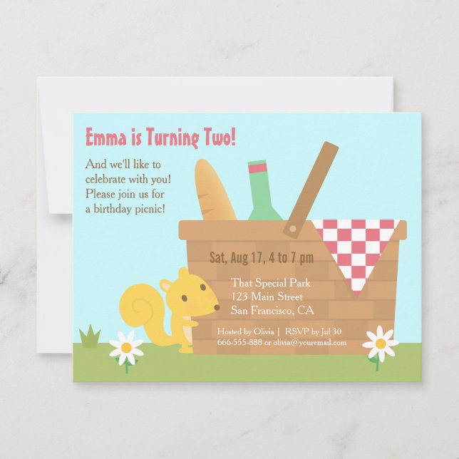 Cute Squirrel Park Picnic Kids Birthday Party Invitation (Front)