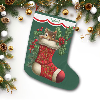 Cute Squirrel Peeking Large Christmas Stocking