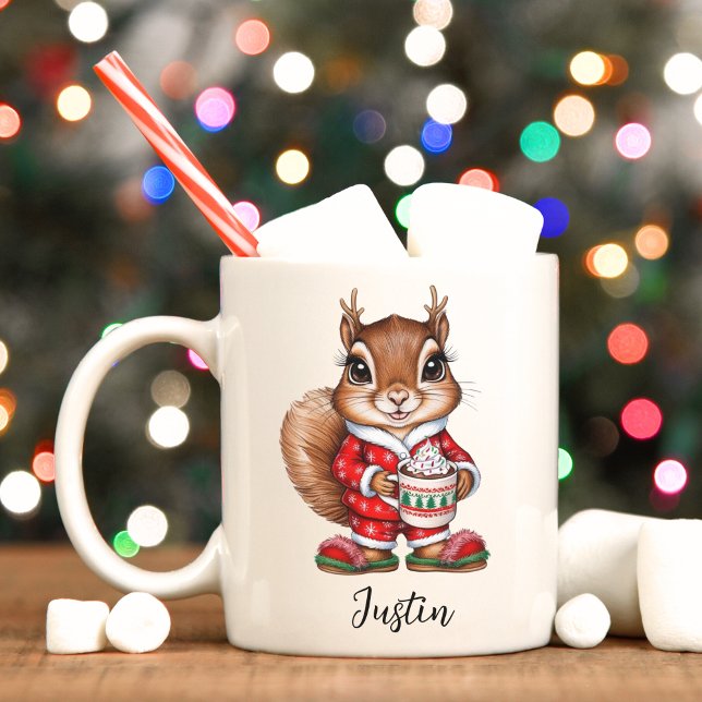 Cute Squirrel Personalized Christmas Kids Mug (Squirrel reindeer Christmas cocoa mug. )