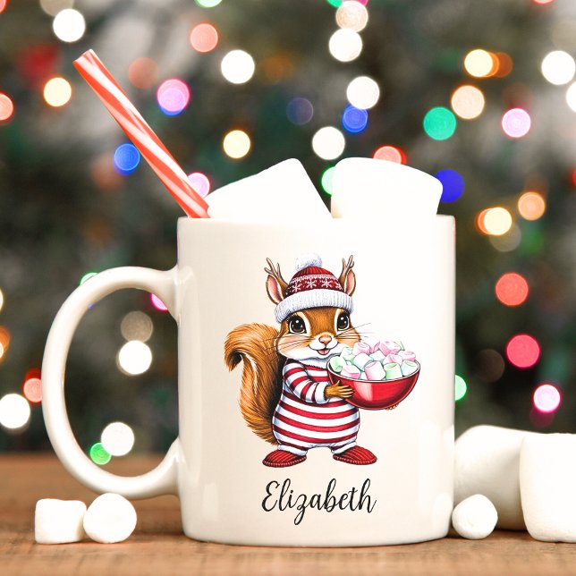 Cute Squirrel Personalized Christmas Mug  (Reindeer squirrel personalized Christmas mug.)