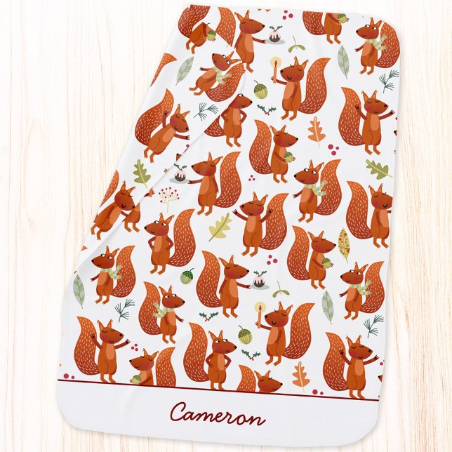 Cute Squirrel Personalized Woodland Baby Blanket (Cute squirrel personalized  custom name baby blanket)