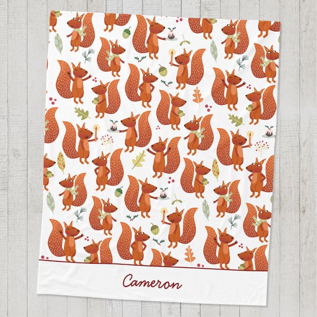 Cute Squirrel Personalized Woodland Fleece Blanket (Cute squirrel pattern personalized custom name fleece blanket)