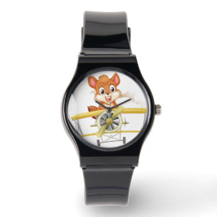 Cute Squirrel Pilot Cartoon Yellow Airplane Wrist Watch