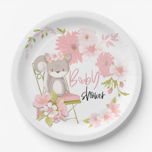 Cute Squirrel Pink White Flowers Frame Baby Shower Paper Plates