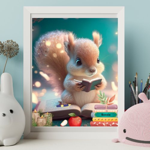 Cute Squirrel reading a book Custom Nursery Art  Poster