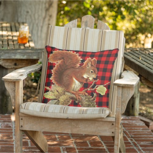 Cute Squirrel Red Black Buffalo Check Plaid Outdoor Pillow