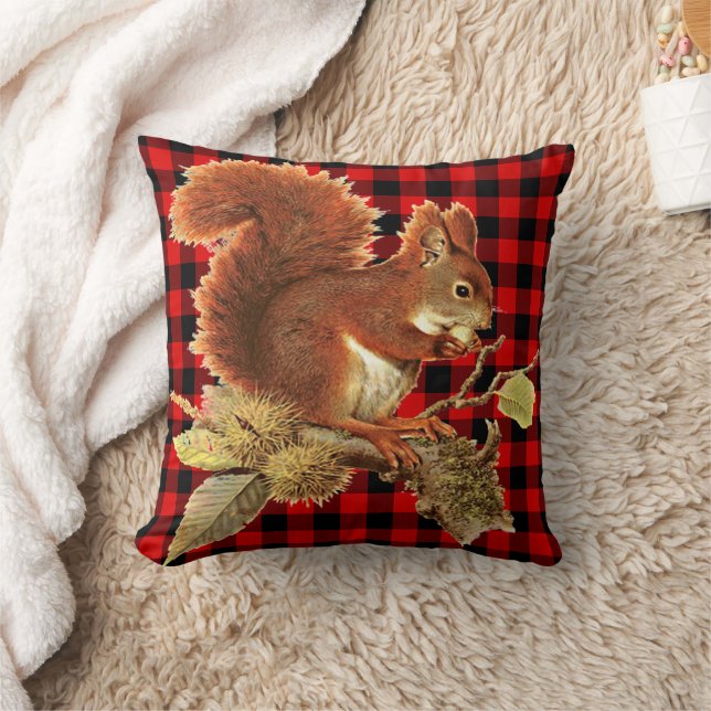 Cute Squirrel Red Black Buffalo Check Plaid Throw Pillow (Blanket)
