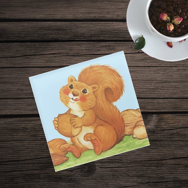 Cute Squirrel Rosy Cheeks Eating Acorns Nuts Glass Coaster (Cute red squirrel fluffy tail holding nuts acorns in grass under blue sky on glass drink coaster.)