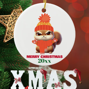 Cute Squirrel Santa Hat Merry Christmas,Custom Glass Ornament