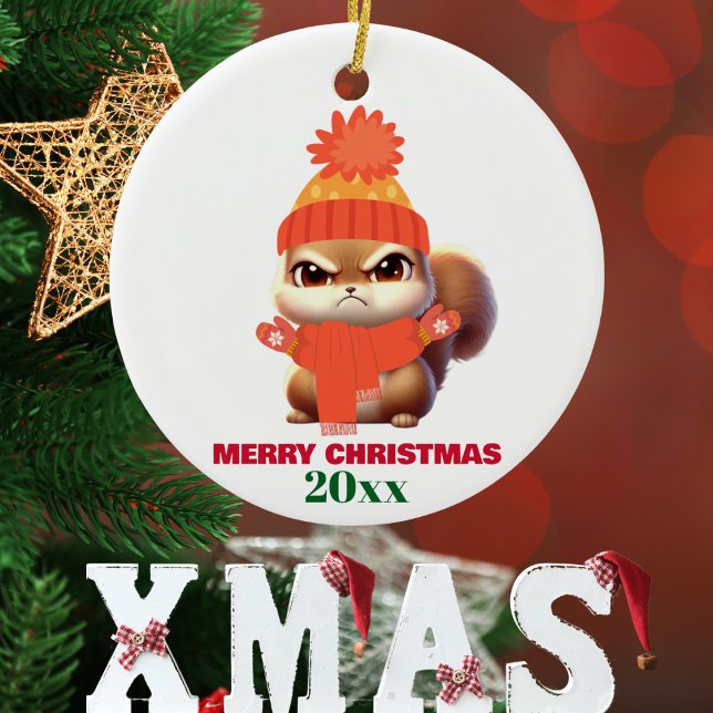 Cute Squirrel Santa Hat Merry Christmas,Custom Glass Ornament (Creator Uploaded)