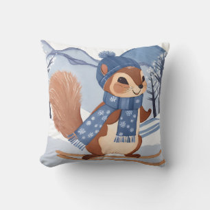 Cute Squirrel Skiing Christmas Winter Holiday Throw Pillow