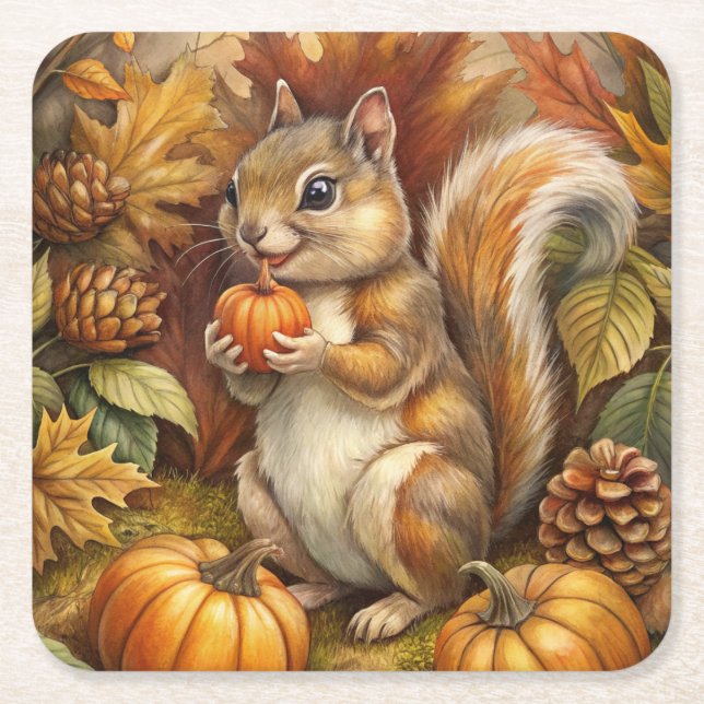 Cute Squirrel Square Paper Coaster (Front)