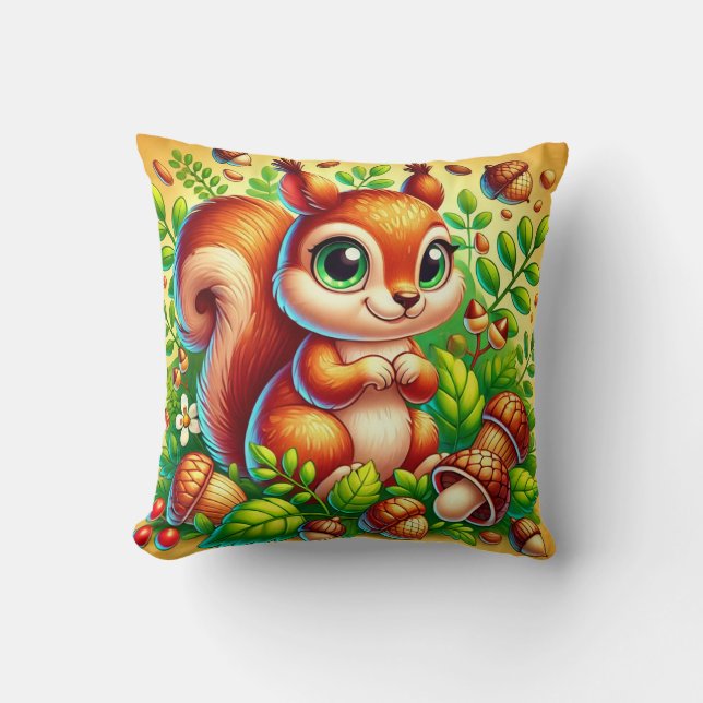 Cute Squirrel Surrounded by Vibrant Forest Leaves Throw Pillow (Front)