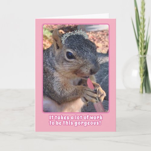 Cute Squirrel Tiara and Lipstick Happy Birthday Card