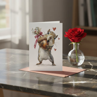 Cute Squirrel Valentine Card with Acorn and Hearts