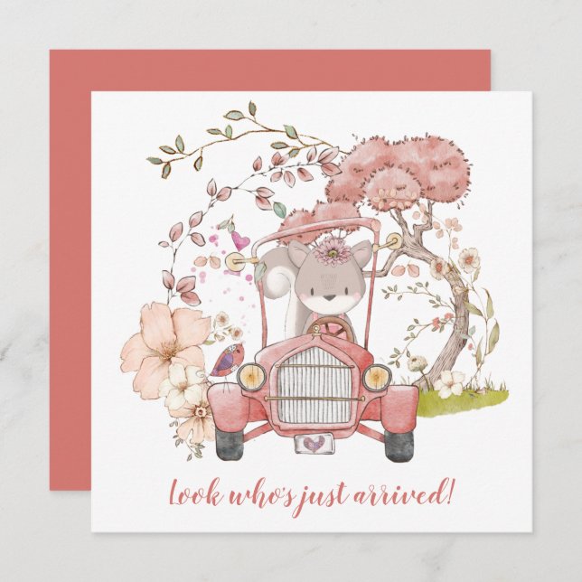 Cute Squirrel Vintage Car Girl Birth Announcement (Front/Back)