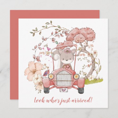 Cute Squirrel Vintage Car Girl Birth Announcement