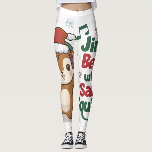 Cute Squirrel Wearing Santa Hat and Headphones - H Leggings (Front)